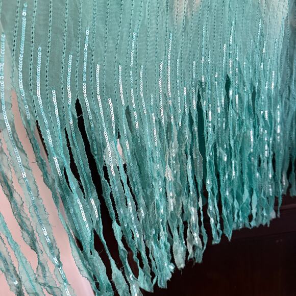 BAYAA | Silk Chiffon Teal Hand Dyed Sequin Fringe Trim Scarf - BNWT - Picture 2 of 7